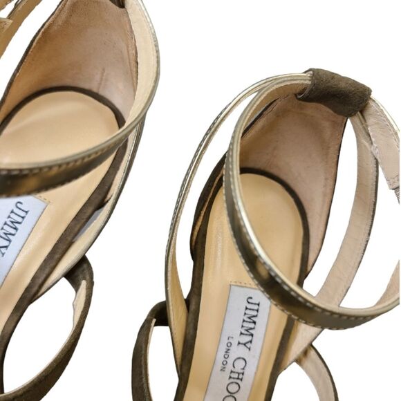 Jimmy Choo Green Suede Sandals Strappy Metallic Ankle Strap Platform Heels 36.5 - Picture 11 of 16